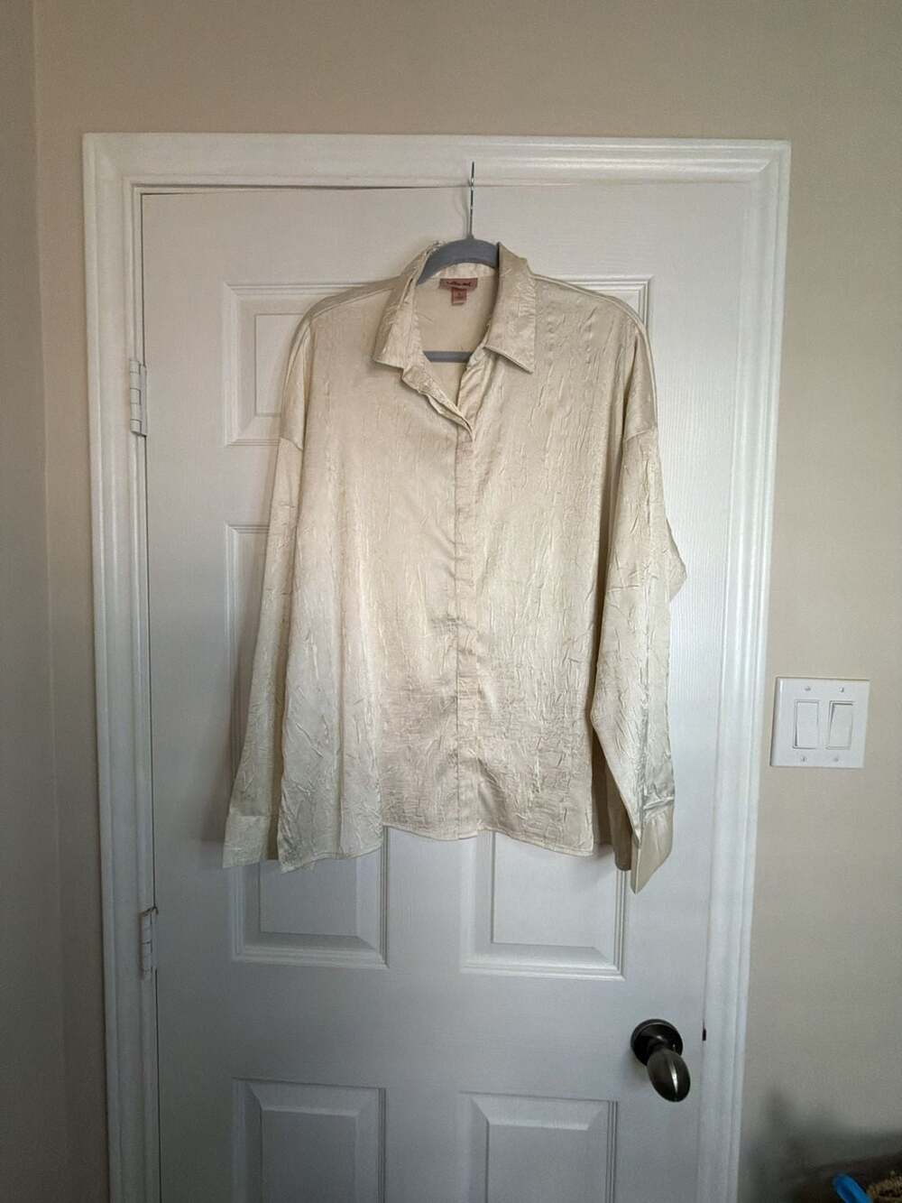 Willow Root Crinkle Silk Button Down Shirt Size L Ivory Cream Satin Long Sleeve